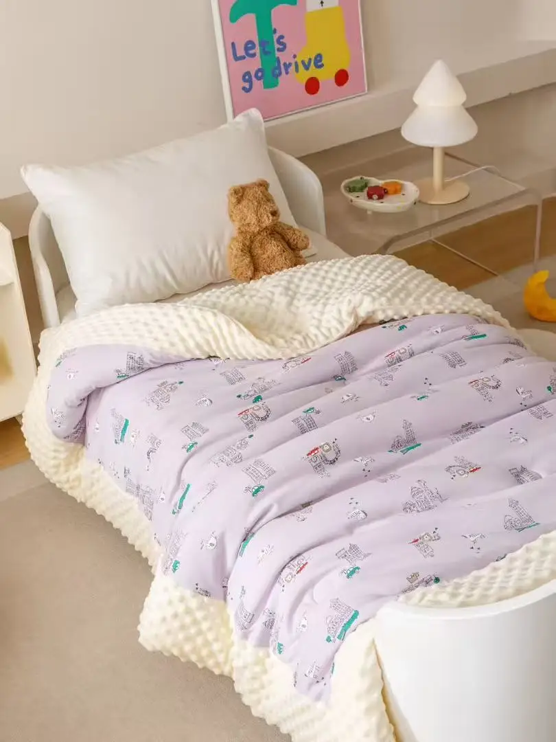 可愛いカートゥーンデザインのニットコットンブランケット：高保暖性と四季通用の子ども用布団セット