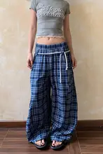 レトロチェック柄のカジュアルパンツ【女性用・ストリートスタイル・ワイドレッグ・ゆったり・スリム効果】（セットアップ対応）
