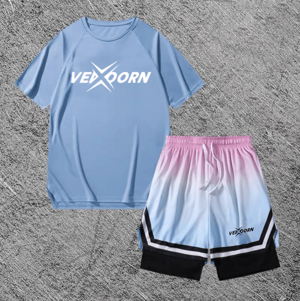 男士用 バスケットボールTシャツ【ショートスリーブ・速乾・トレーニング用・グラデーション短パン】（セットアップ対応）