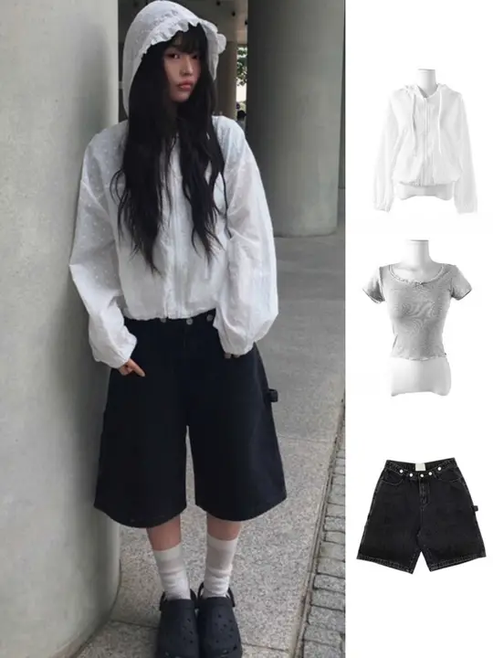 リボン付きレースデザインの半袖Tシャツ【カジュアル・UVカット】とデニムショートパンツ（セットアップ対応）