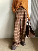 ヴィンテージ風チェックデザインのウールワイドパンツ【ハイウエスト・スリム効果・ロング丈】（セットアップ対応）