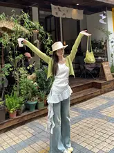 ショートカーデ レディース 長袖 グリーン 縦ストライプ リブ編み 韓流 着回し 春
