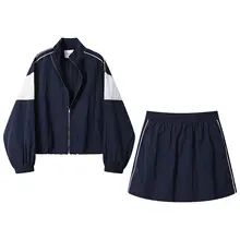 ヴィンテージ風 カラーコンビネーションのショートカーディガン【立ち襟・スリムフィット】＆シンプルなミニスカート（セットアップ対応）