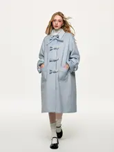 冬季水色の磨毛仕立て ボウタイデザインの中長丈高級ウールコート