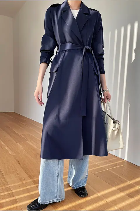 女性用 中長丈ウエスト絞りトレンチコート【ノーコクボ・しわになりにくい・ブルー】