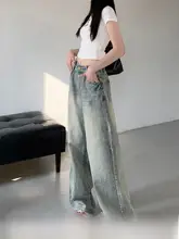 秋季レトロデザインのワイドレッグジーンズ【水洗い加工・ゆったりしたストレートパンツ】