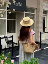 平らなつばのパナマ草帽【UVカット・ビーチ用・レディース】