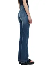 デニムストレートパンツ【深青・ウエスト部分スリムフィット・女性用・ウォッシュ加工】