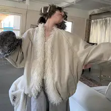 アメリカンスタイルのデザイン！毛混合フリースパッチワークジャケット【厚手・ゆ ったりシルエット・女性用】
