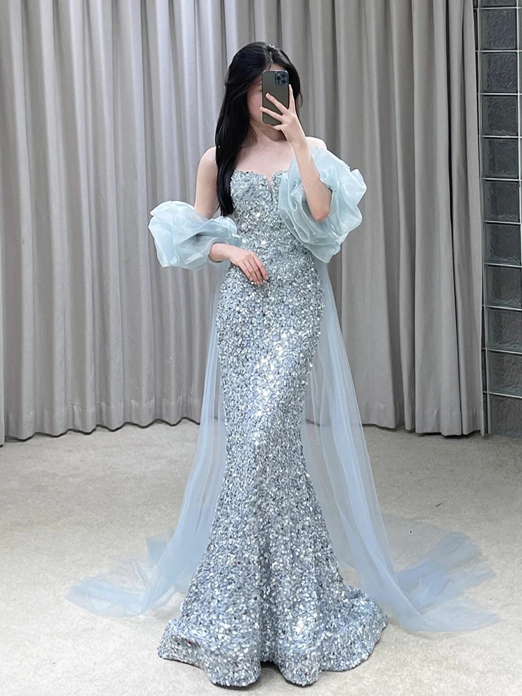 魚尾デザインのロングドレス：フォーマルな結婚式やKTVで活躍する青色バストビュードレス
