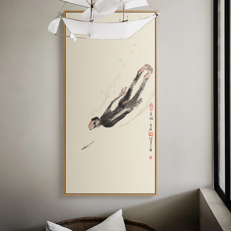 新中式縦型玄関装飾画：禅意水墨画猿の設置ガイドと実際の使い方