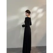 秋冬用 レースVネックニットワンピース【優雅で美しいスタイル・ウエストシェイプ・ロング丈】