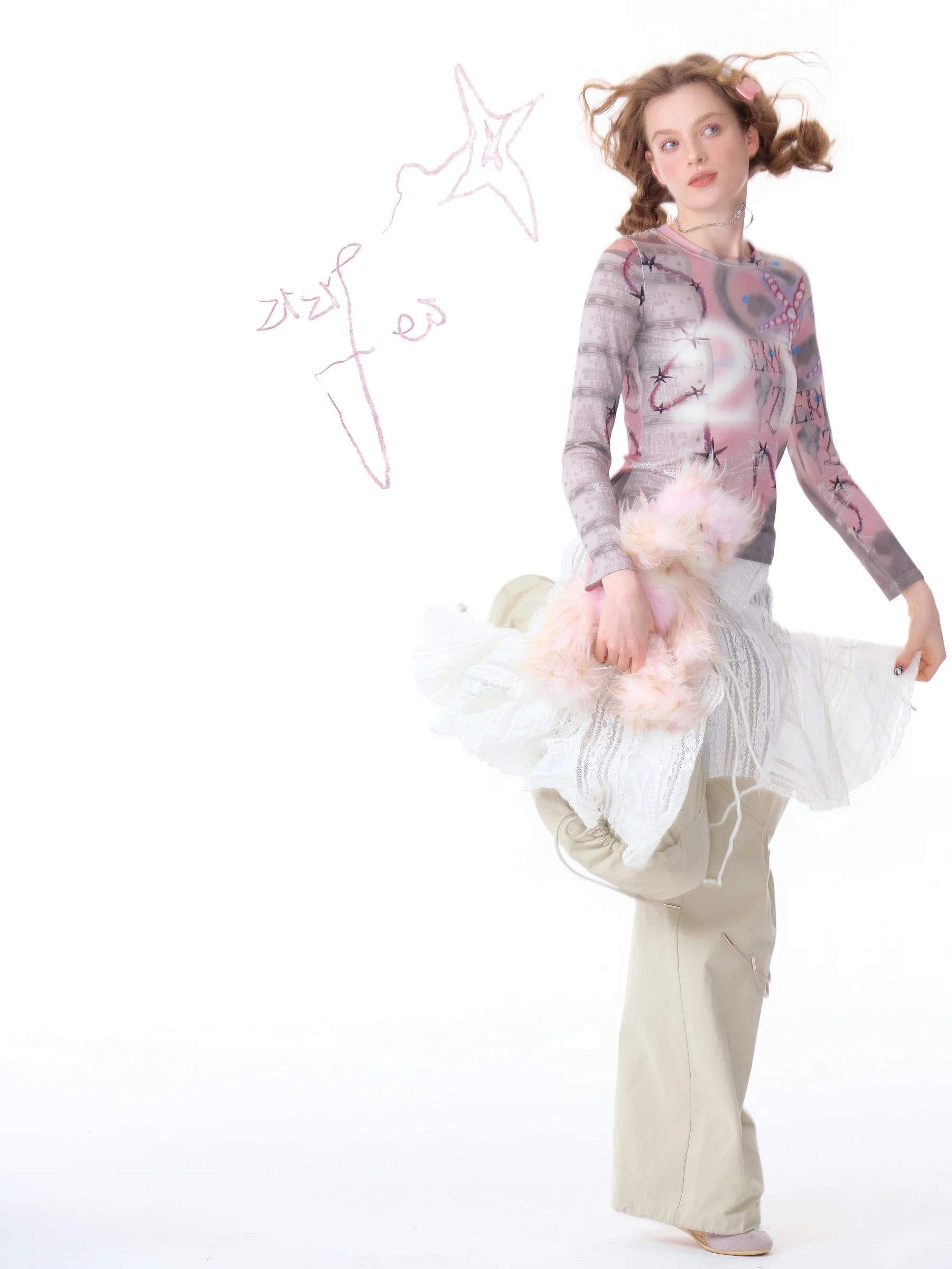 春夏用アメリカンビンテージデザイン！ピンク星柄プリントフィット長袖Tシャツ【女性用】
