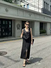 リネン風ワンピース【Vネック・開きスリット・カジュアル・夏用】（セットアップ対応）