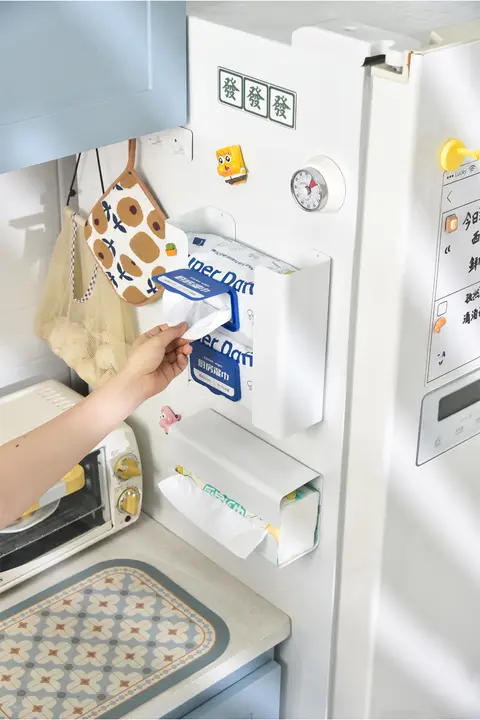 シンプルなキッチン用ウェットティッシュ収納ボックス【冷蔵庫用・マグネット付き・ティッシュホルダー】