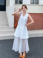 米白色メッシュ切り替えウエストシェイプタンクトップ風ワンピース【夏用・エレガントデザイン・ロング丈】