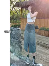 ハイウエストデザインのデニムタイトスカート【スリット入り・Aライン・夏用・女性用】（セットアップ対応）