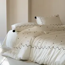 高級感あるシンプルな夏用ライセールコットンの四件套【エレガントな刺繍・ドット柄・ボール付き・取り外し可能】（セットアップ対応）