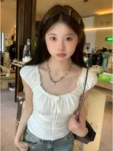 白色レース付きリボンデザイン ボックスタイプの半袖Tシャツ【女性用・夏用・スリムフィット・ショート丈】