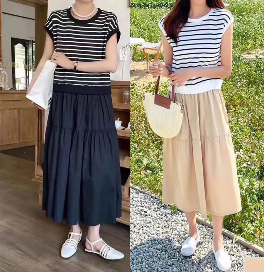 レトロなカラーコンビネーションのストライプスリーブ付きロングドレス【ショートスリーブ・重ね着風】 春コーデの色の組み合わせに最適