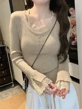 独特なレース切替のニットトップス【秋冬用・女性・フィット感・上品デザイン】