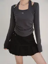 黒のハイネックウエストフリル長袖ブラウス【秋用・スリムデザイン】