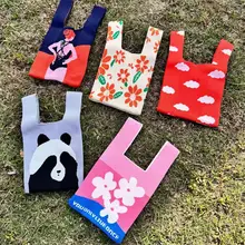 可愛いデザインの小型エコバッグ【ニット素材・持ち手付き・ショッピング用】