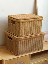 プラスチック製 藤編み風収納ボックス【フタ付き・整理用・家庭用】
