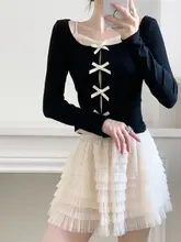 バレリーナスタイルのリボン付きフィットニットトップス【フェミニンデザイン・半袖・シンプル】（セットアップ対応）