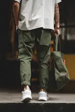 軍用スタイルのビンテージ風ポケット付きロングパンツ【カジュアル・秋用・ミリタリーグリーン】