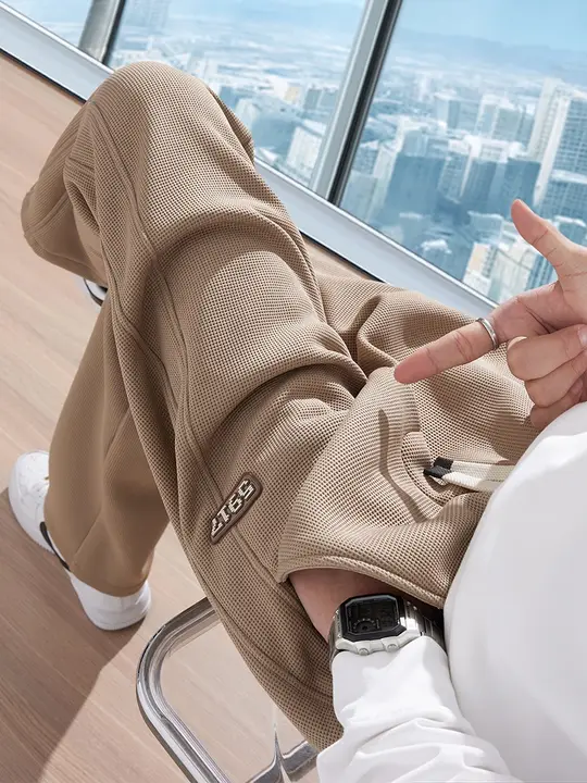 冬季用ワッフルテクスチャーのカジュアルワイドパンツ【ストレートスタイル・男性用・春秋用】（セットアップ対応）