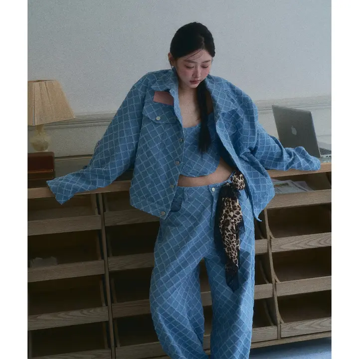 セットアップ 3点セット レディース デニム ジャケット チューブトップ カジュアルパンツ 秋冬「WiLd RLeather」