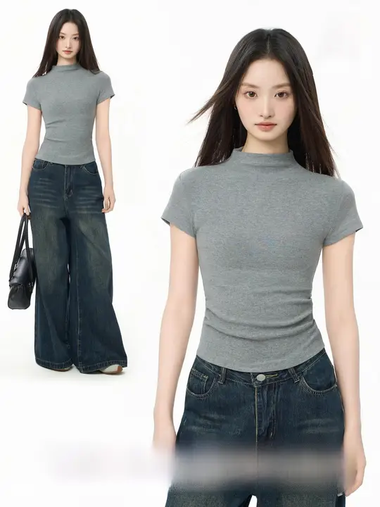 グレーのハイネック半袖Tシャツ【レディース・フィット感抜群・夏用】