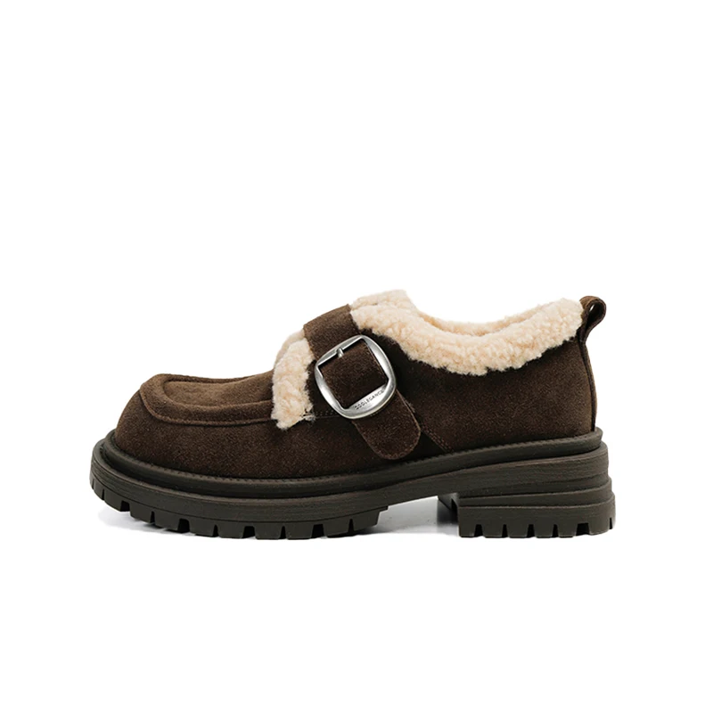 厚底毛足靴：冬用加熱インソールとレトロデザインが融合した本革女性用ローファー