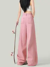ピンクのプリーツワイドレッグデニムパンツ【ハイウエスト・レディース・夏用】（セットアップ対応）