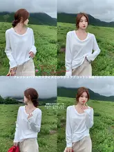 薄手無地長袖Tシャツ【レディース・ホワイト・ルーズフィット・バンブーコットン】