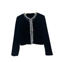 シルクベルベットビジュー装飾の短いジャケットとフィットしたプリーツスカート【秋用・セットアップ対応】