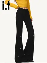 ブラックのフリース付きデコレーションデニムパンツ【ハイウエスト・スリムフィット・フレア】
