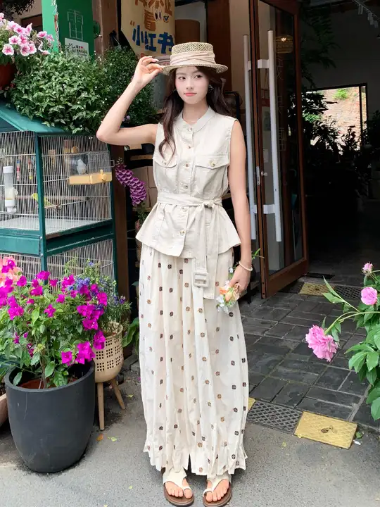 感漂う工装風ベストシャツ【薄手・花柄・ルーズフィット・ランタンスパンツ】（セットアップ対応）