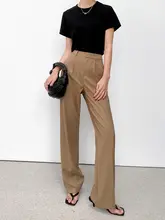 ハイウエストストレートスーツパンツ 女性 秋 カーキ色 ブラック 通勤 ドレープ感 ロングワイドパンツ