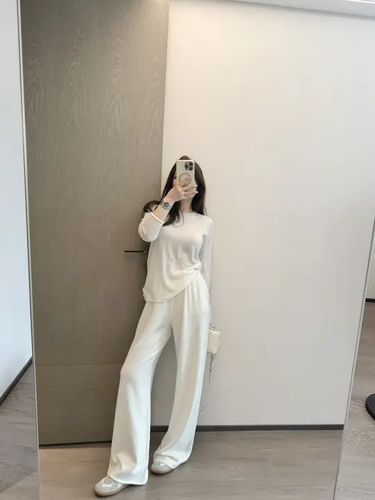 春用ワイドパンツ【ホワイト・ルーズフィット・ママ向け】（セットアップ対応）