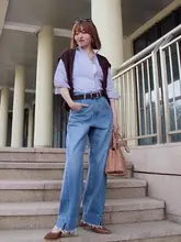 高腰ワイドバナナ型デニムパンツ【フィット・細見え・ゆったりシルエット】