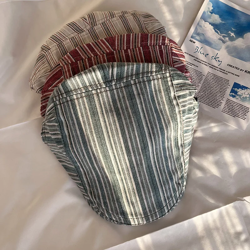 夏用軽量米色ダックビルキャップ：通勤と旅行に最適なストライプデザインの軽量帽子