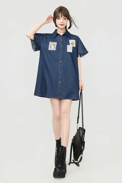 ヴィンテージ風ポロ襟デニムワンピース【夏用・華やかなリボン・ゆったりシルエット】