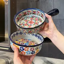 ポーランド陶器製のハンドル付きボウル【シングルハンドル・電子レンジ対応・家庭用食器】