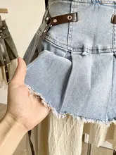 不規則なパッチワークデニムスカート【高腰・シルエットアップ・Aライン・プリーツ】（セットアップ対応）