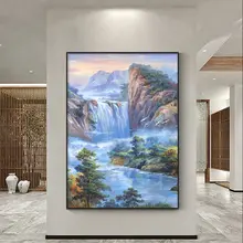 手描きの高山流水風景縦型装飾画【中式デザイン・リビング・ダイニング用】