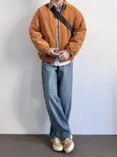 ヴィンテージウォッシュデザインのルーズフィットストレートデニムパンツ  【ブルー・カジュアル】（セットアップ対応）
