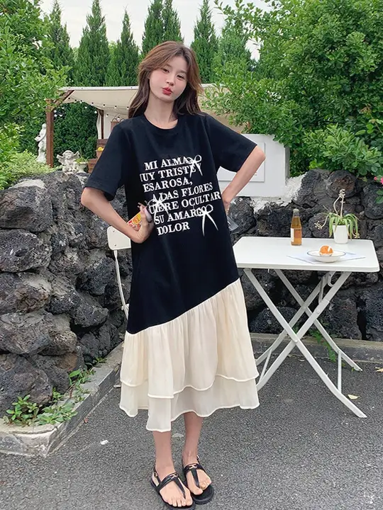 大きいサイズのエレガントな半袖ワンピース【夏用・マタニティ・フィット・フランス風】（セットアップ対応）