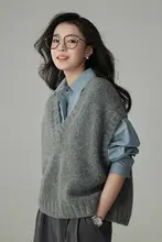 ウール製 オーバーサイズシャツ＆ニットベスト重ね着【秋春用・レトロデザイン・女性用】